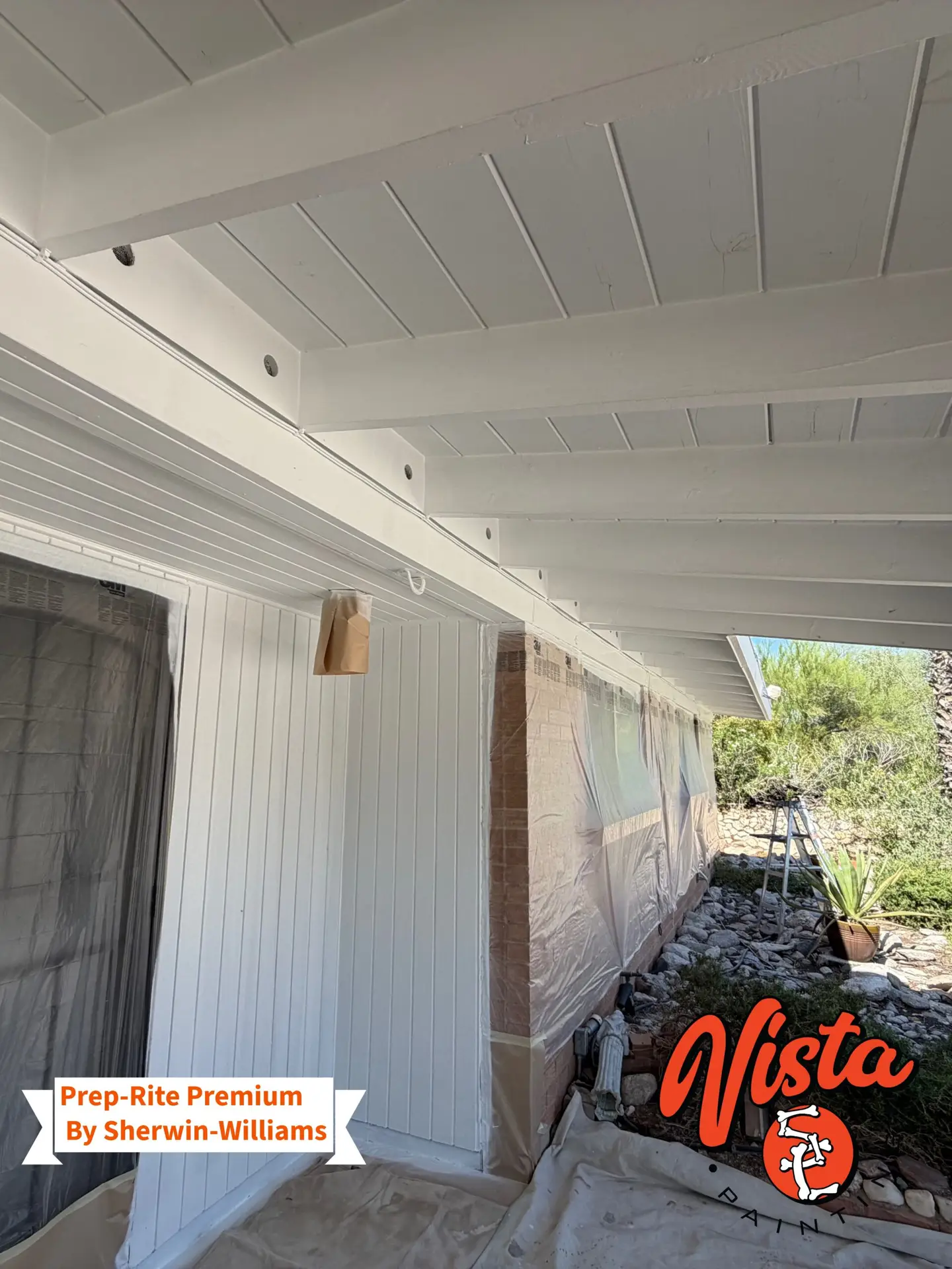 Exterior wood patio ceiling and soffits primed with Sherwin-Williams PrepRite Premium primer by Vista SC Painting in Casas Adobes, Tucson, AZ.