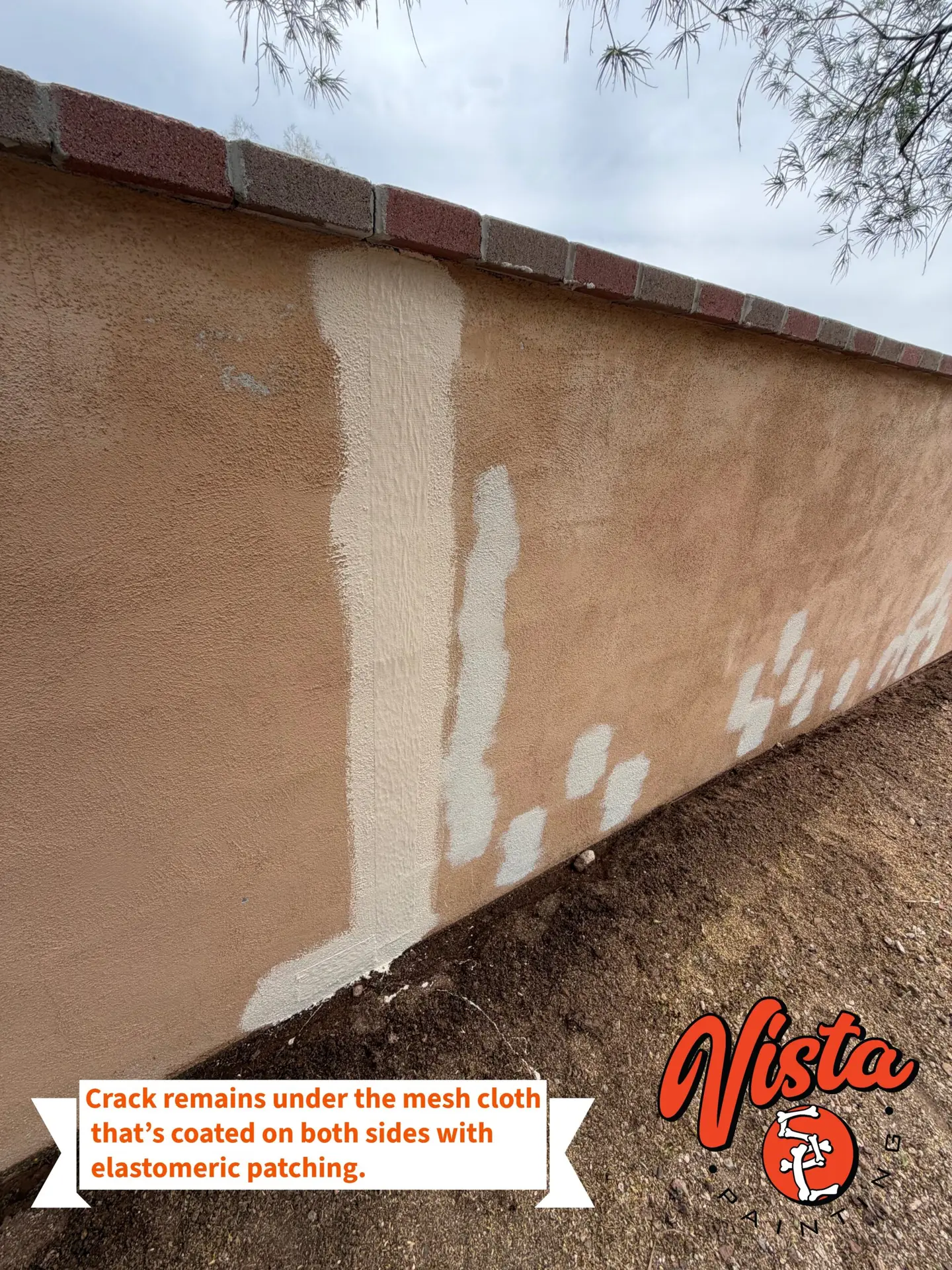 Stucco crack reinforced with mesh cloth and elastomeric patching in Tucson, Arizona