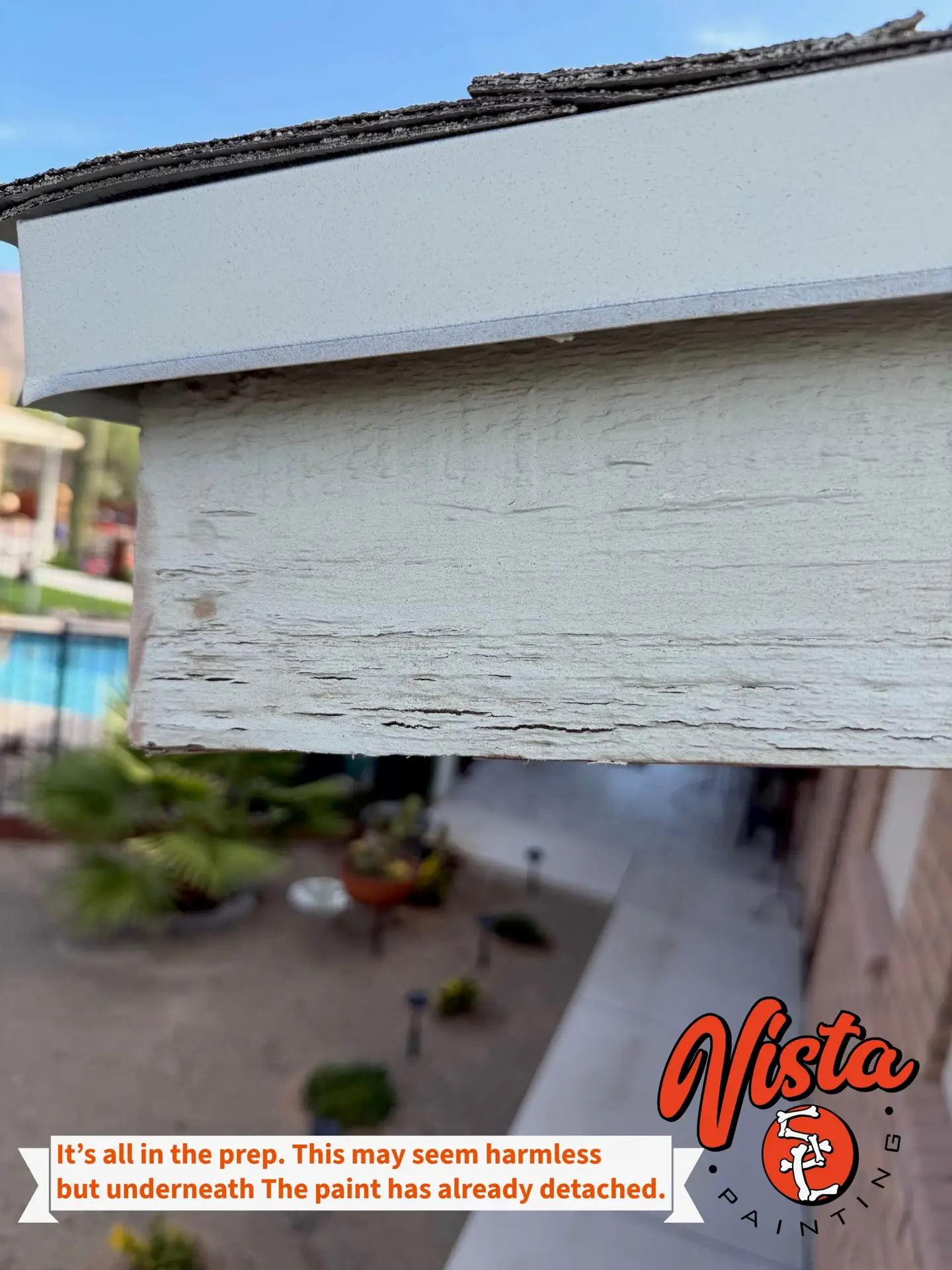 Detached and peeling paint on wood fascia before surface preparation in Tucson
