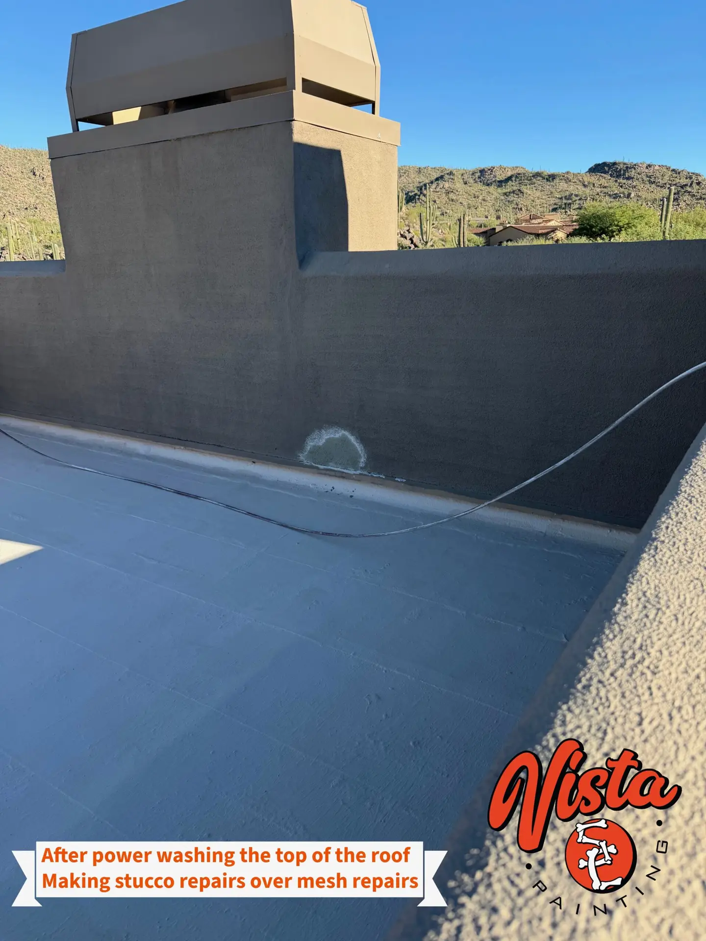 Stucco repairs over reinforced mesh on a parapet wall after power washing in Tucson
